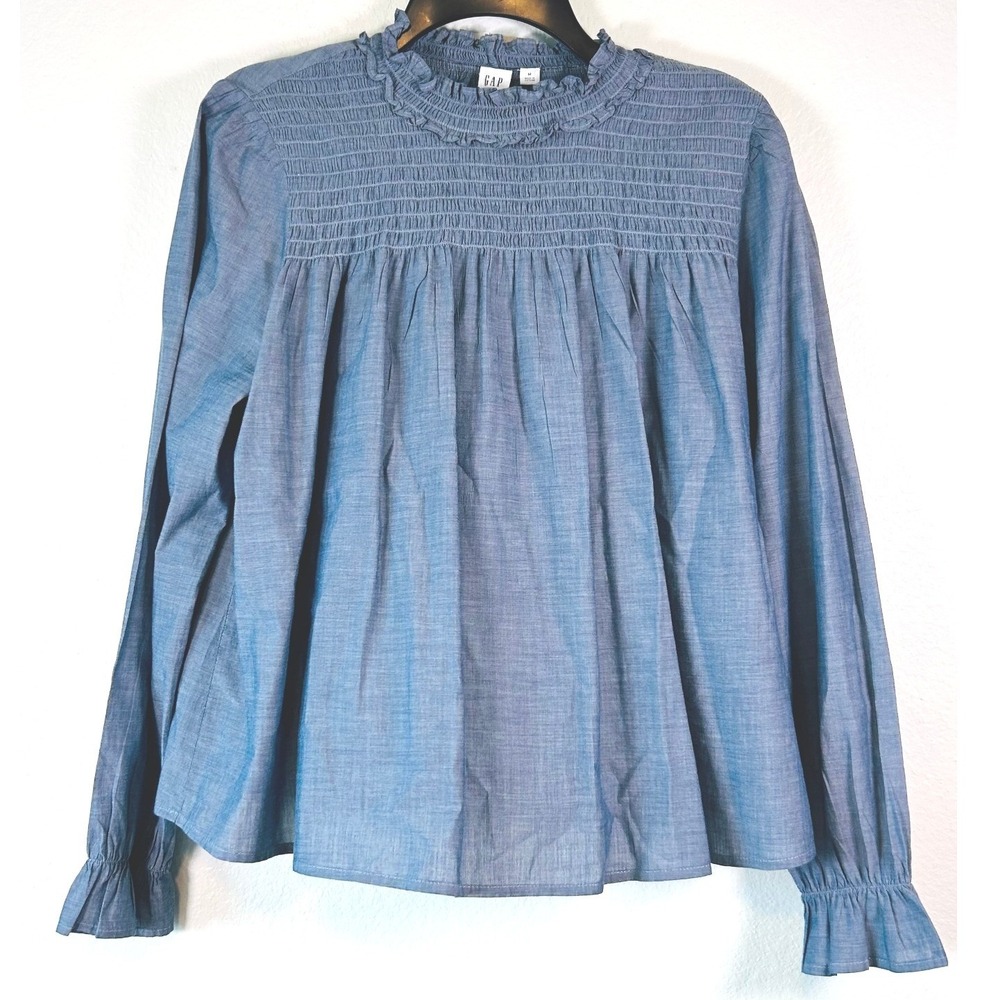 Gap Cottagecore Prairie Chambray Smocked Mock Neck Ruffle Blouse Romantic SZ M